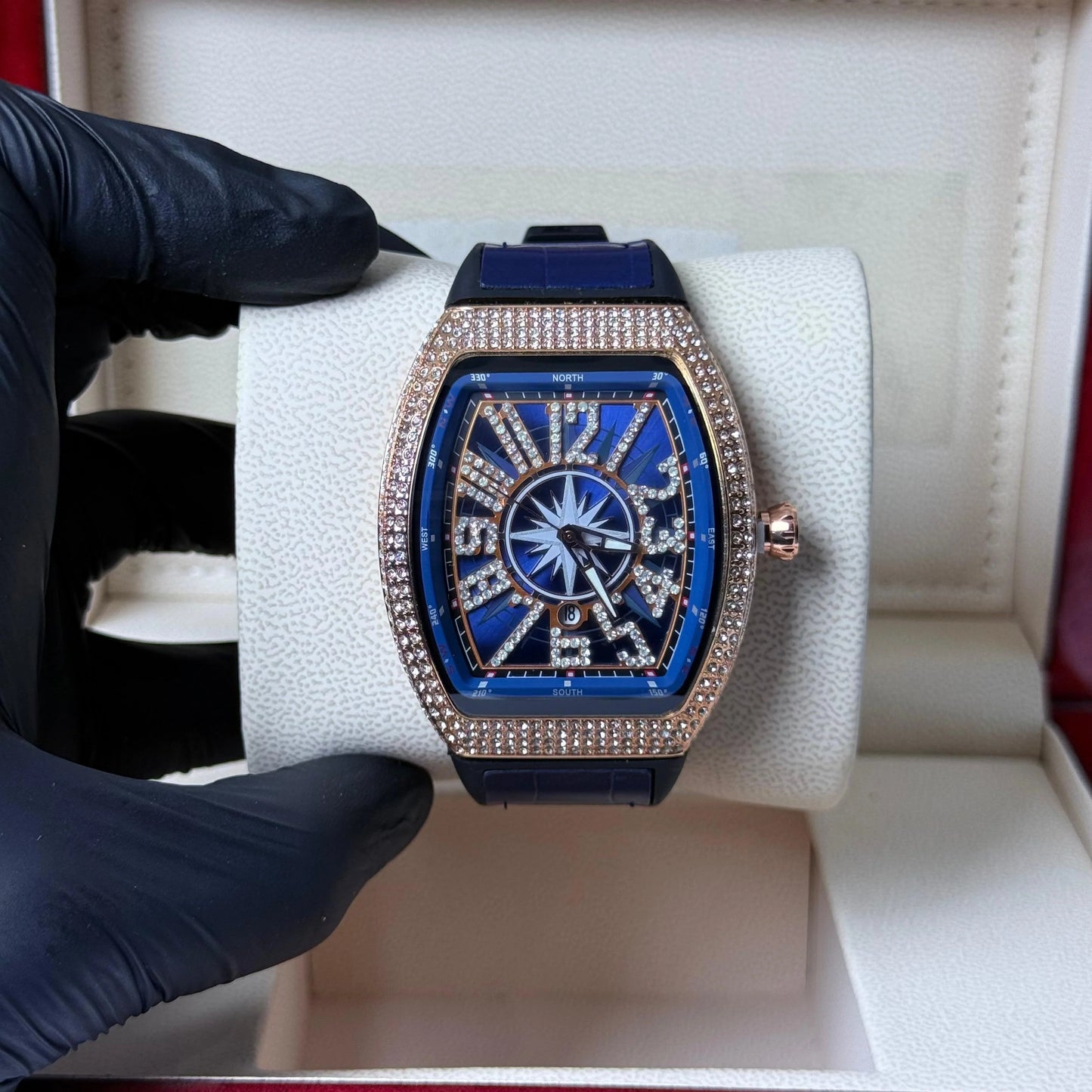 FM Blue Strap With Golden Diamond Watch