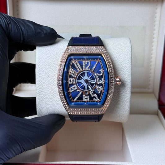 FM Blue Strap With Golden Diamond Watch