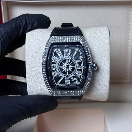 FM Black Strap With White Diamond Watch